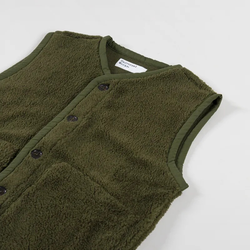 Universal Works Womens Lancaster Gilet Olive Mountain Fleece -6