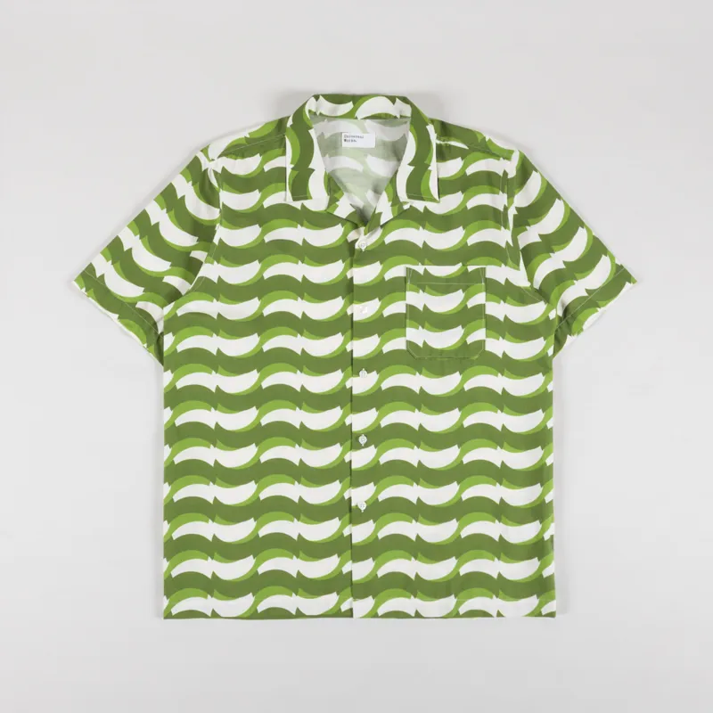 Universal Works Road Shirt Green Geo Wave Print Cotton