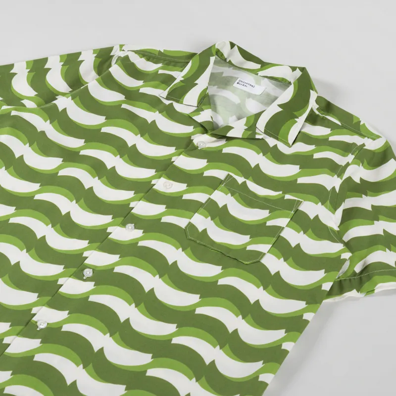 Universal Works Road Shirt Green Geo Wave Print Cotton-2