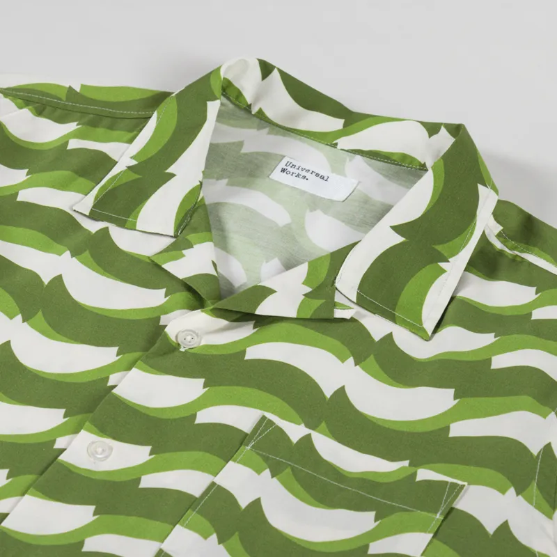 Universal Works Road Shirt Green Geo Wave Print Cotton-4