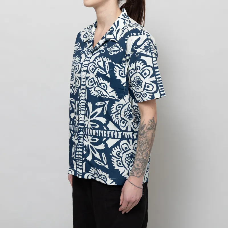 Universal Works Womens Road Shirt Navy Island Print-1