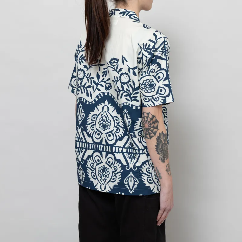 Universal Works Womens Road Shirt Navy Island Print-4