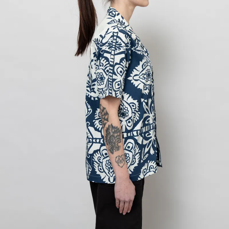 Universal Works Womens Road Shirt Navy Island Print-5