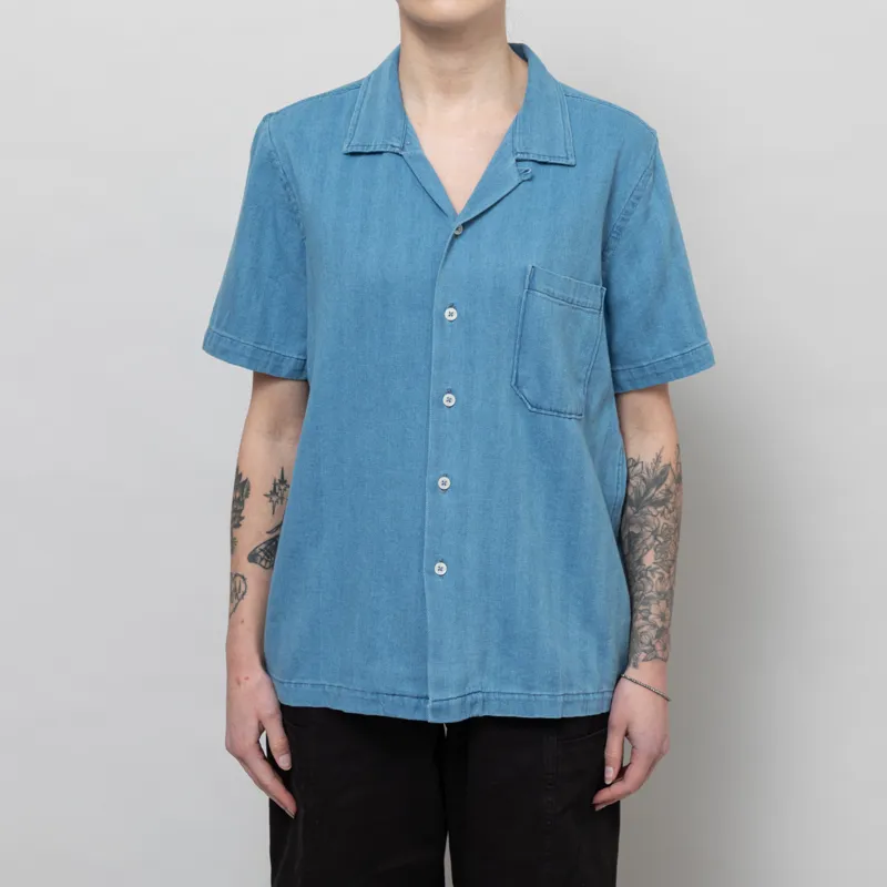 Universal Works Womens Road Shirt Washed Indigo Herringbone Denim