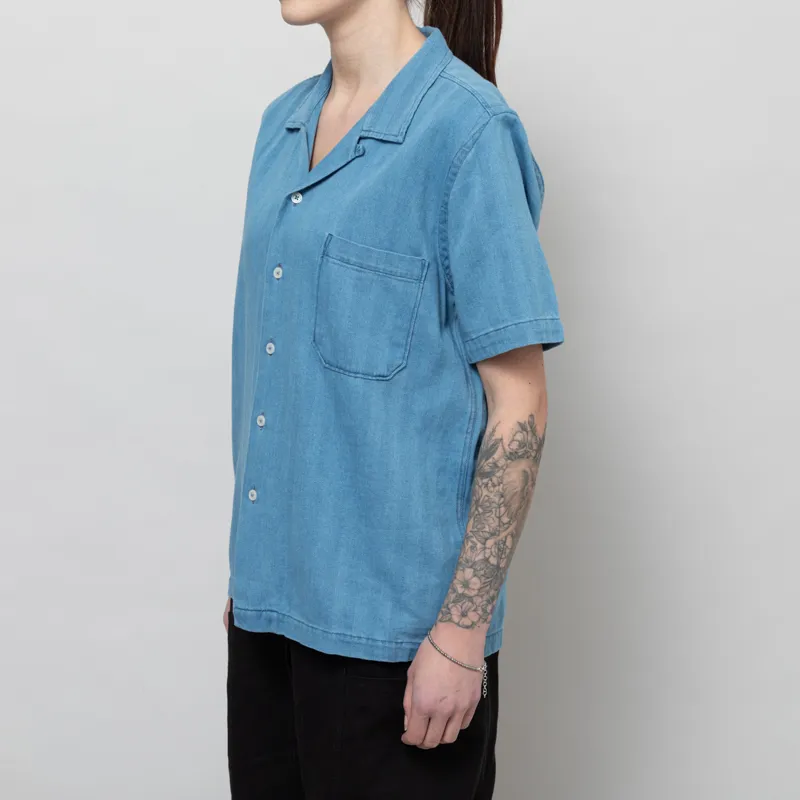 Universal Works Womens Road Shirt Washed Indigo Herringbone Denim-1