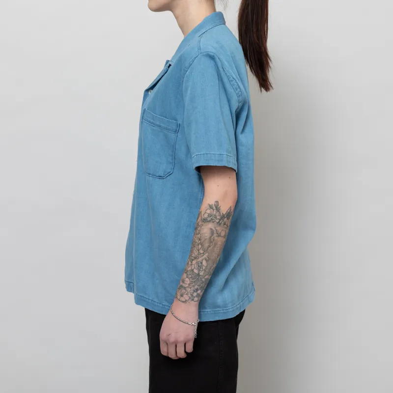Universal Works Womens Road Shirt Washed Indigo Herringbone Denim-2