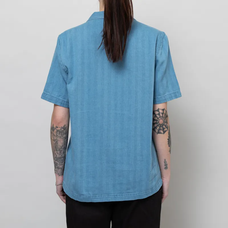 Universal Works Womens Road Shirt Washed Indigo Herringbone Denim-3