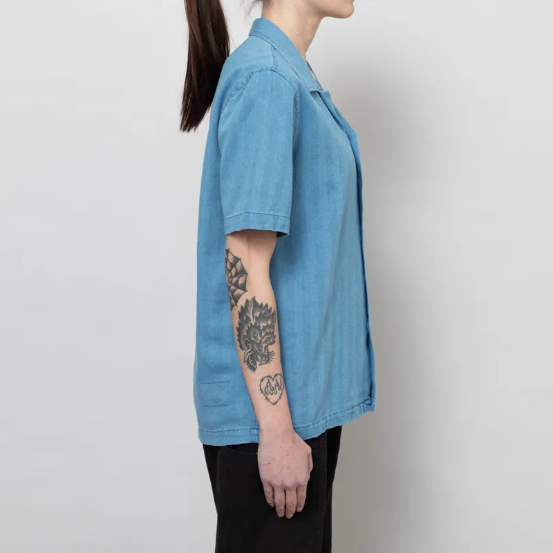 Universal Works Womens Road Shirt Washed Indigo Herringbone Denim-4