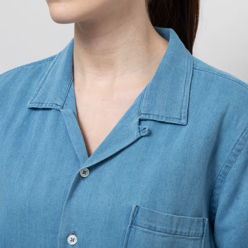 Universal Works Womens Road Shirt Washed Indigo Herringbone Denim-5