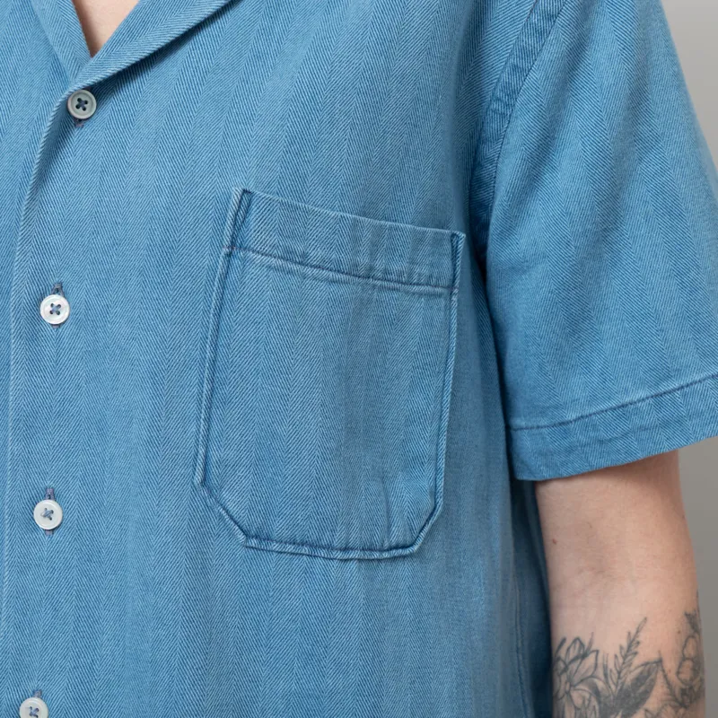 Universal Works Womens Road Shirt Washed Indigo Herringbone Denim-7