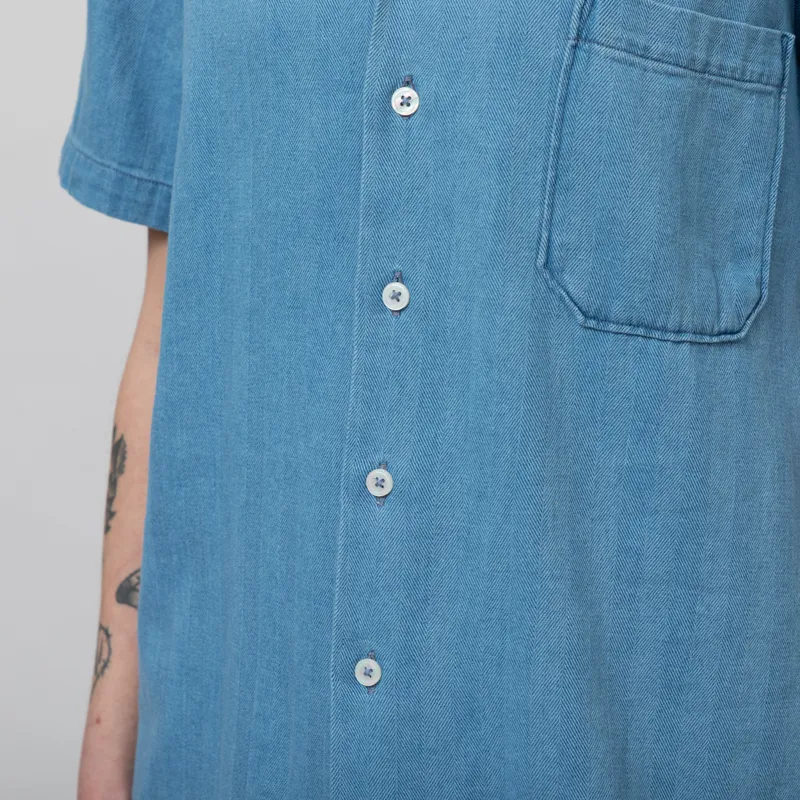 Universal Works Womens Road Shirt Washed Indigo Herringbone Denim-6