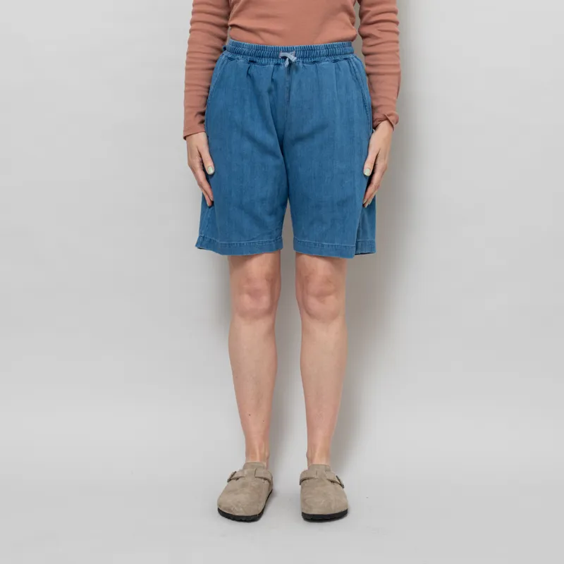 Universal Works Womens Simple Shorts Washed Indigo Herringbone Denim