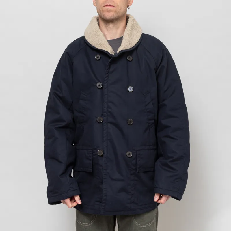 Universal Works Reversible Mackinaw Jacket Navy Brushed Polytech Sherpa