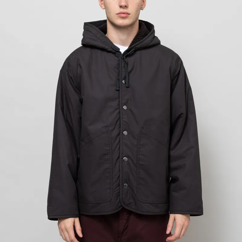 Universal Works Reversible Simple Hooded Jacket Black Brown Recycled Poly Tech Sherpa
