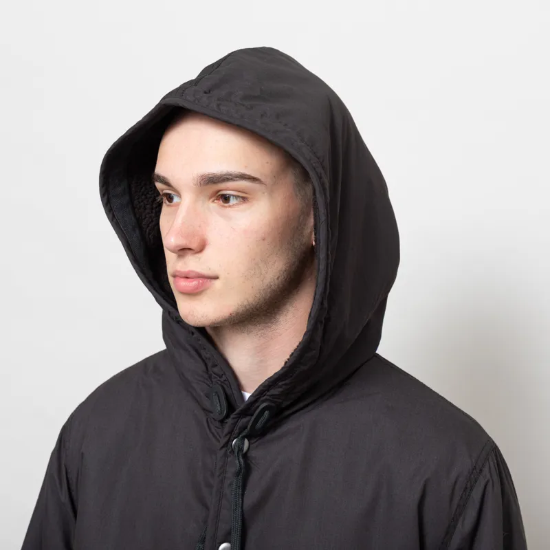 Universal Works Reversible Simple Hooded Jacket Black Brown Recycled Poly Tech Sherpa-10