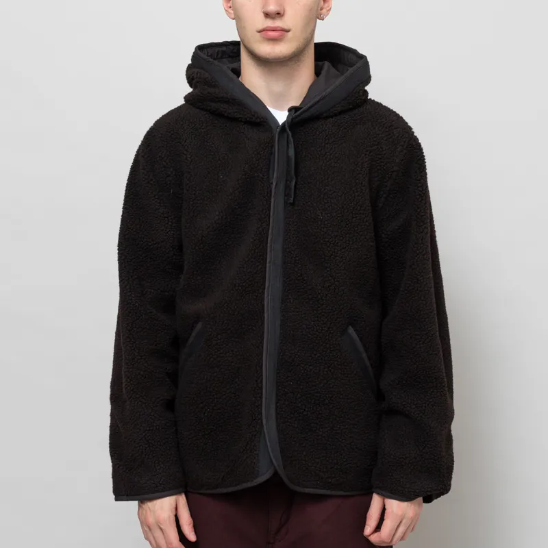 Universal Works Reversible Simple Hooded Jacket Black Brown Recycled Poly Tech Sherpa-1