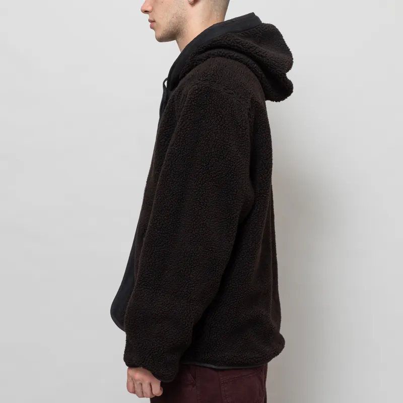 Universal Works Reversible Simple Hooded Jacket Black Brown Recycled Poly Tech Sherpa-5