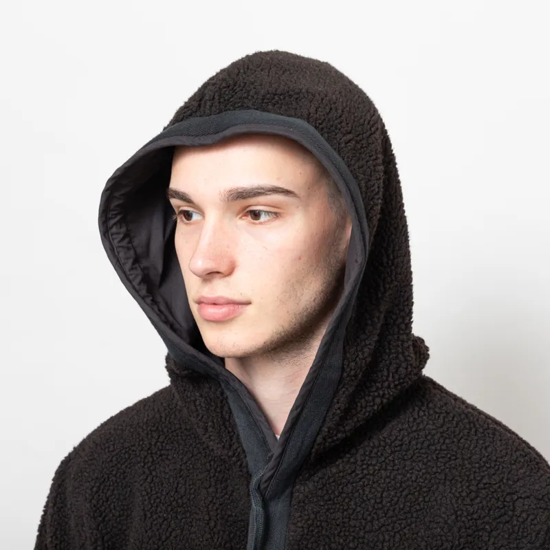 Universal Works Reversible Simple Hooded Jacket Black Brown Recycled Poly Tech Sherpa-11