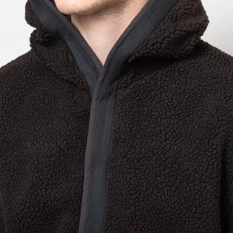 Universal Works Reversible Simple Hooded Jacket Black Brown Recycled Poly Tech Sherpa-13