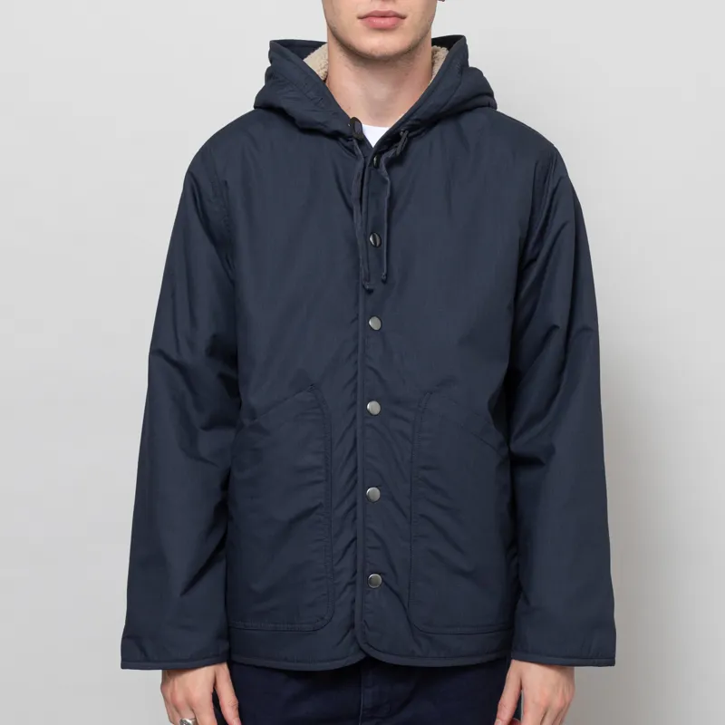 Universal Works Reversible Simple Hooded Jacket Navy Sand Recycled Poly Tech Sherpa