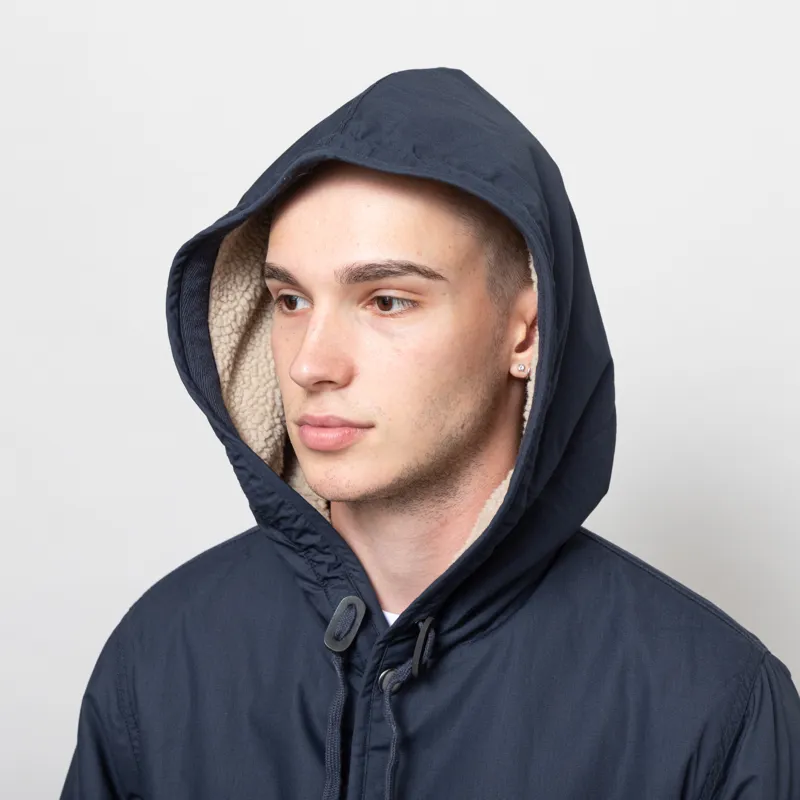 Universal Works Reversible Simple Hooded Jacket Navy Sand Recycled Poly Tech Sherpa-11