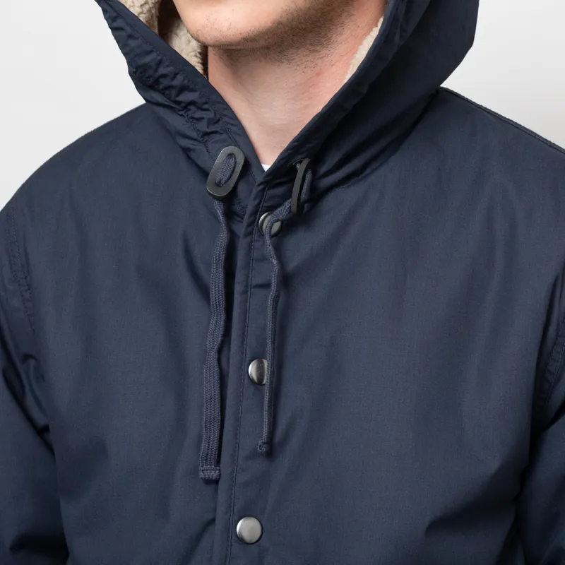 Universal Works Reversible Simple Hooded Jacket Navy Sand Recycled Poly Tech Sherpa-10