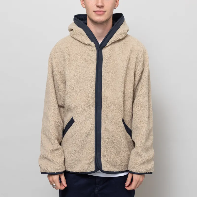 Universal Works Reversible Simple Hooded Jacket Navy Sand Recycled Poly Tech Sherpa-1