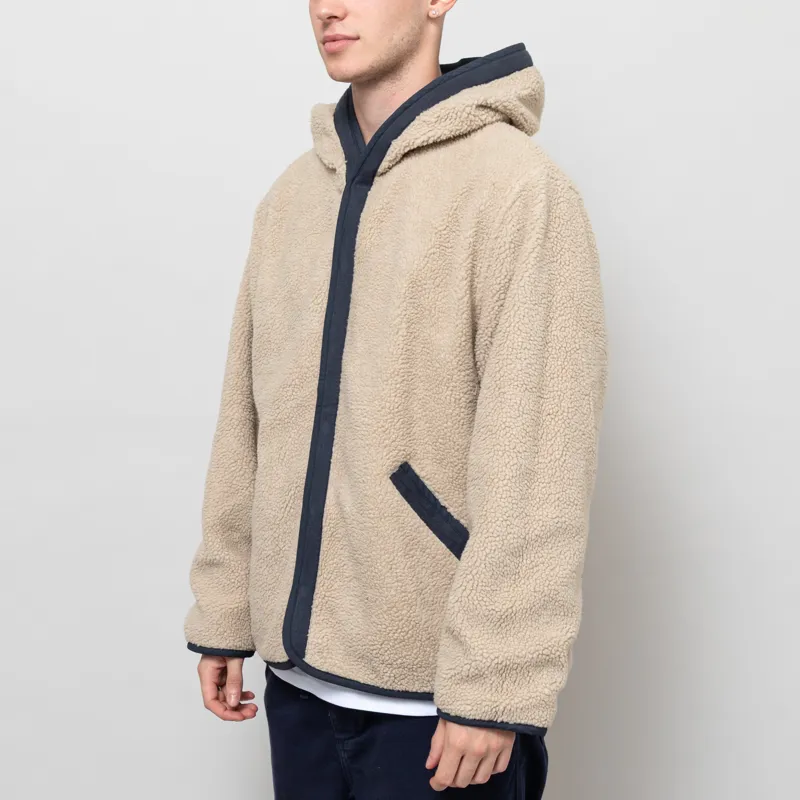 Universal Works Reversible Simple Hooded Jacket Navy Sand Recycled Poly Tech Sherpa-3