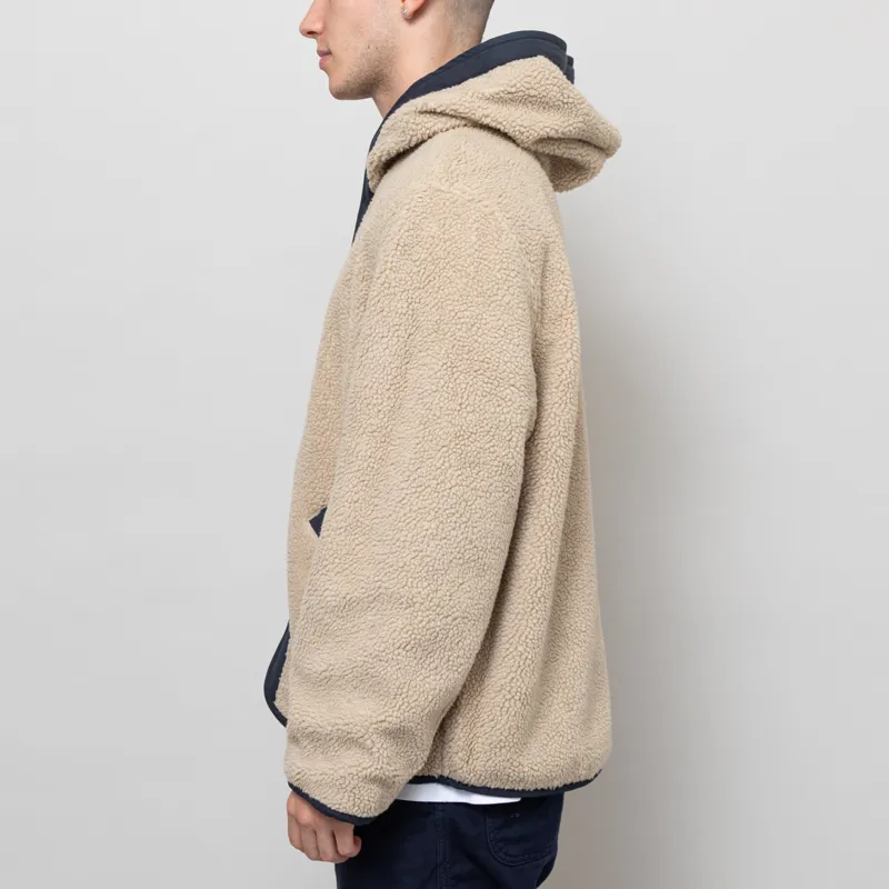 Universal Works Reversible Simple Hooded Jacket Navy Sand Recycled Poly Tech Sherpa-5