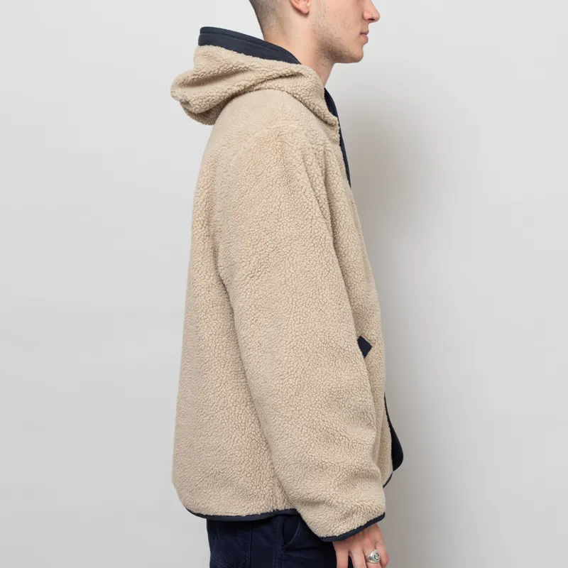 Universal Works Reversible Simple Hooded Jacket Navy Sand Recycled Poly Tech Sherpa-9