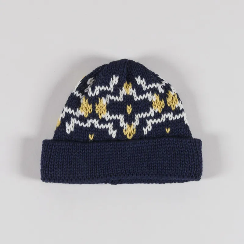 Universal Works Short Watch Cap Navy Ecru British Wool