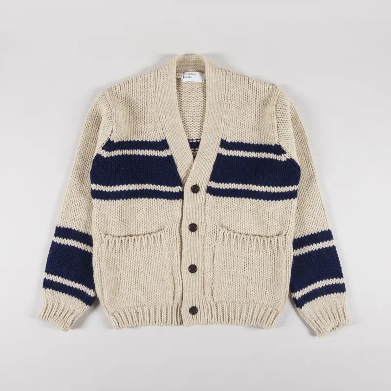 Universal Works Langdale Cardigan Sand Chunky Knit Stripe