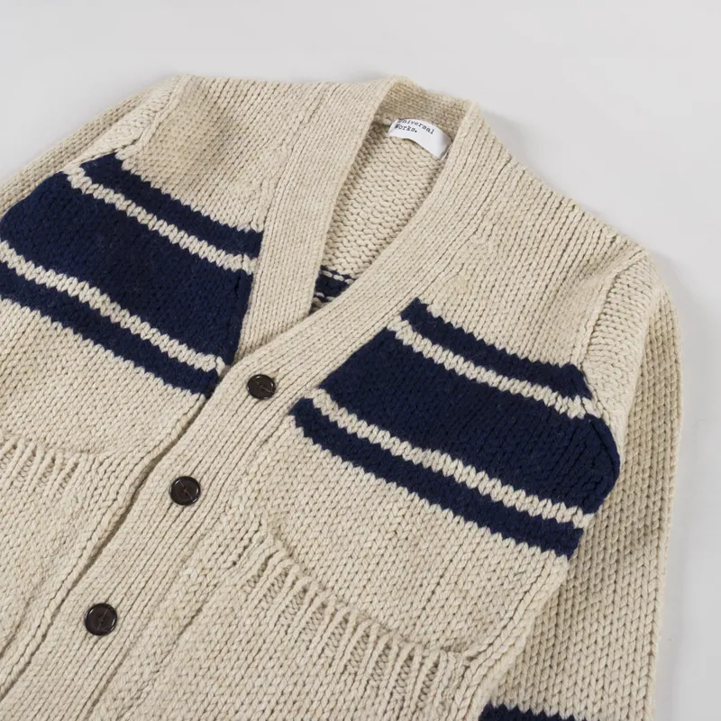 Universal Works Langdale Cardigan Sand Chunky Knit Stripe-2