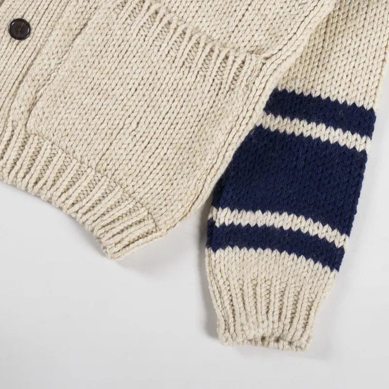Universal Works Langdale Cardigan Sand Chunky Knit Stripe-7
