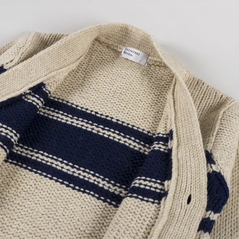 Universal Works Langdale Cardigan Sand Chunky Knit Stripe-3