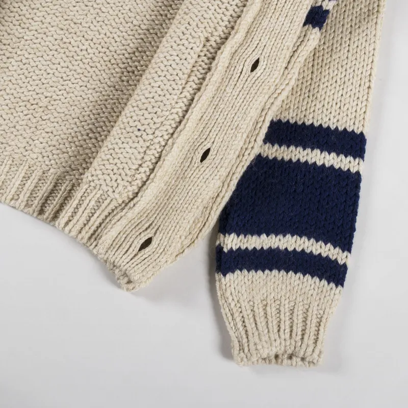 Universal Works Langdale Cardigan Sand Chunky Knit Stripe-8