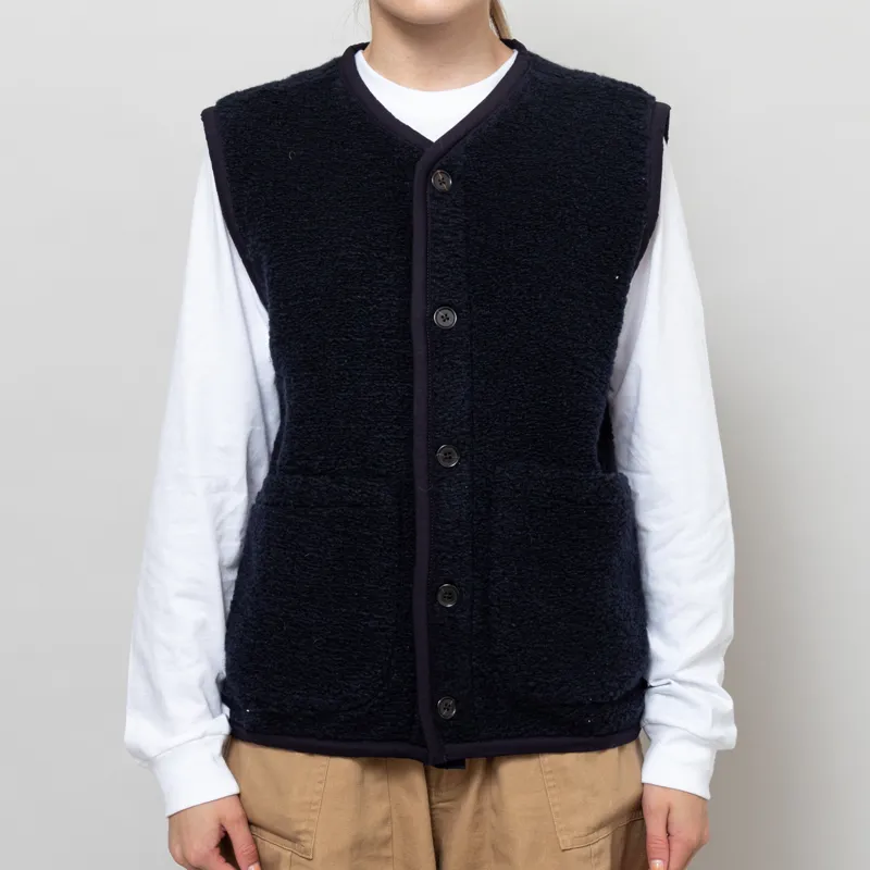Universal Works Womens Lancaster Gilet Navy Alvar Fleece