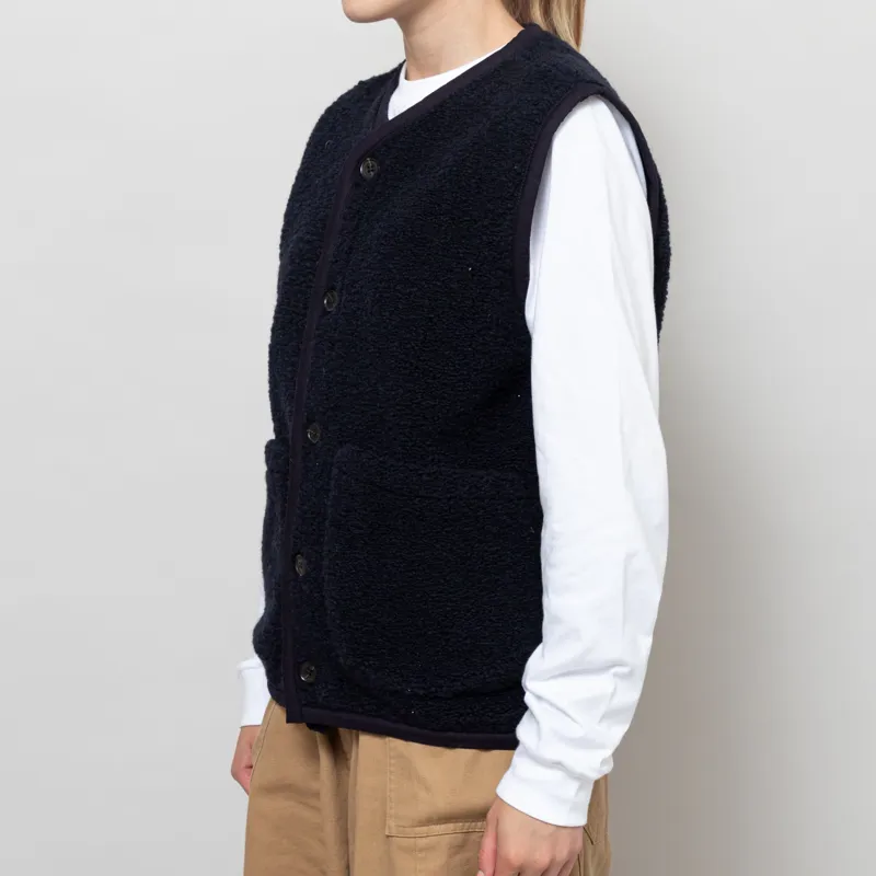 Universal Works Womens Lancaster Gilet Navy Alvar Fleece-1