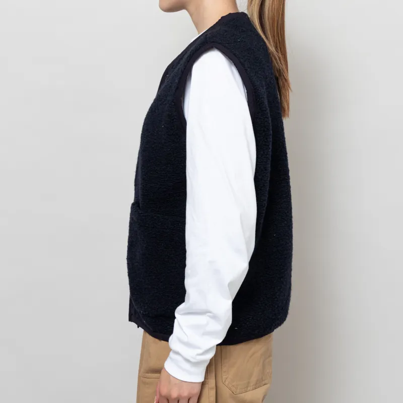 Universal Works Womens Lancaster Gilet Navy Alvar Fleece-2