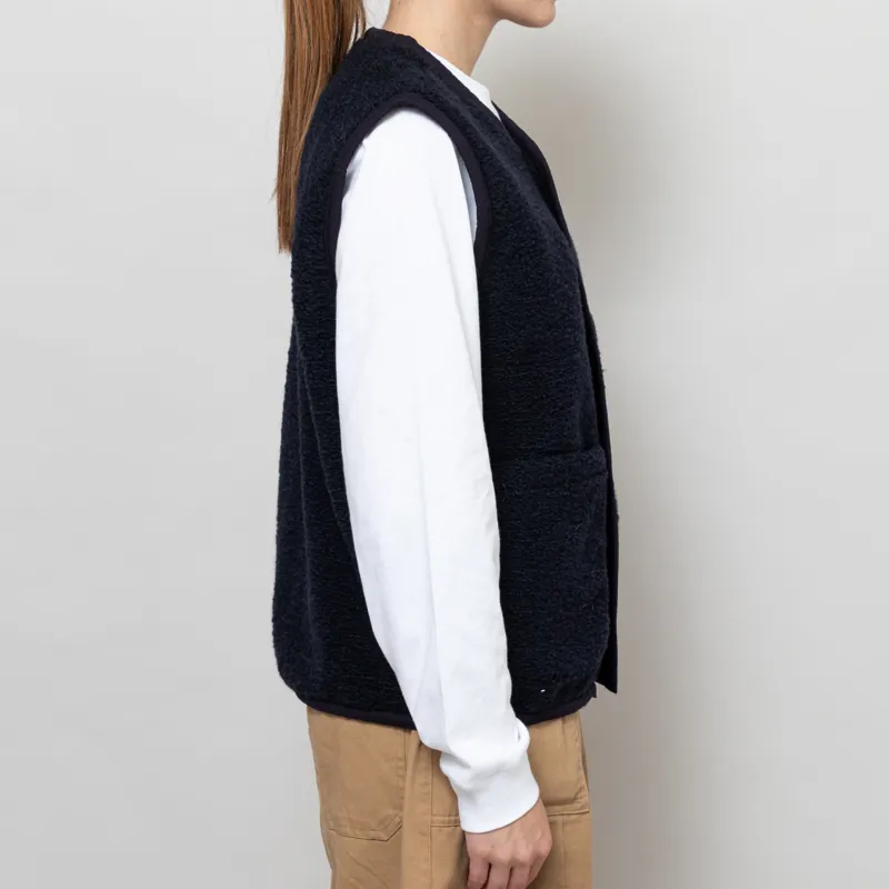 Universal Works Womens Lancaster Gilet Navy Alvar Fleece-4