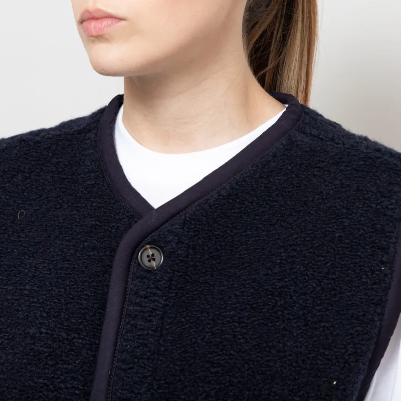 Universal Works Womens Lancaster Gilet Navy Alvar Fleece-5