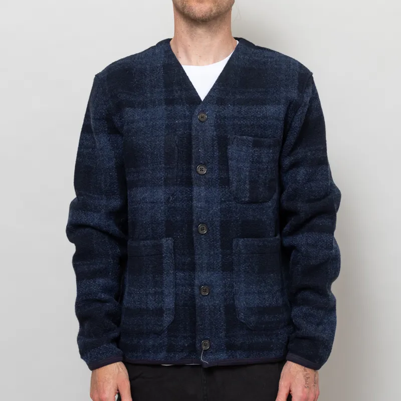 Universal Works Cardigan Navy MOH Check Fleece