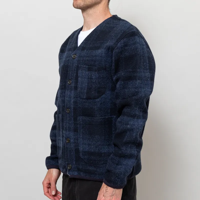 Universal Works Cardigan Navy MOH Check Fleece-1