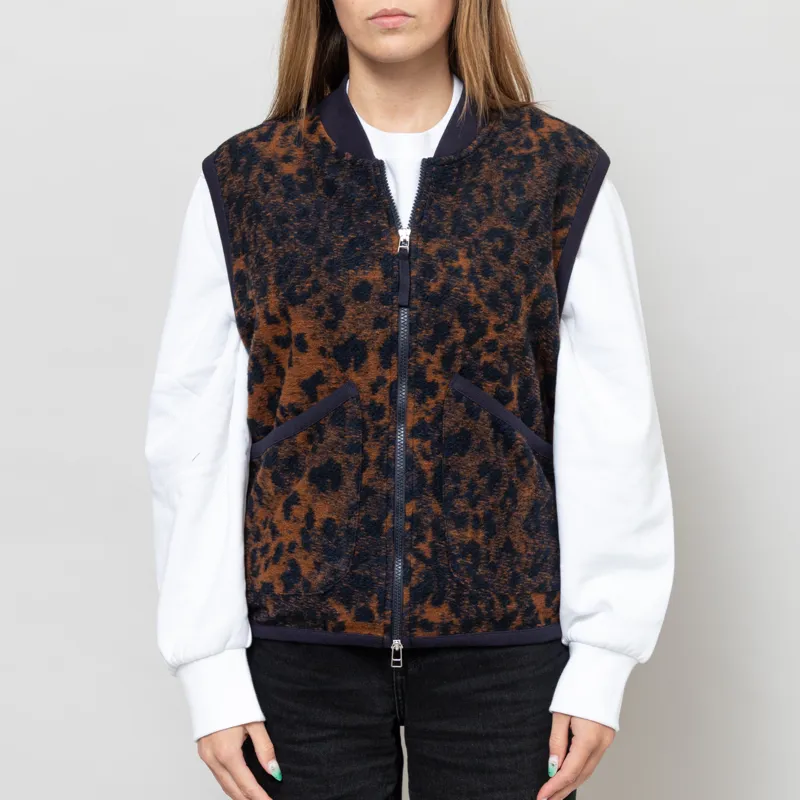 Universal Works Womens Zip Waistcoat Dark Navy Brown Night Leopard