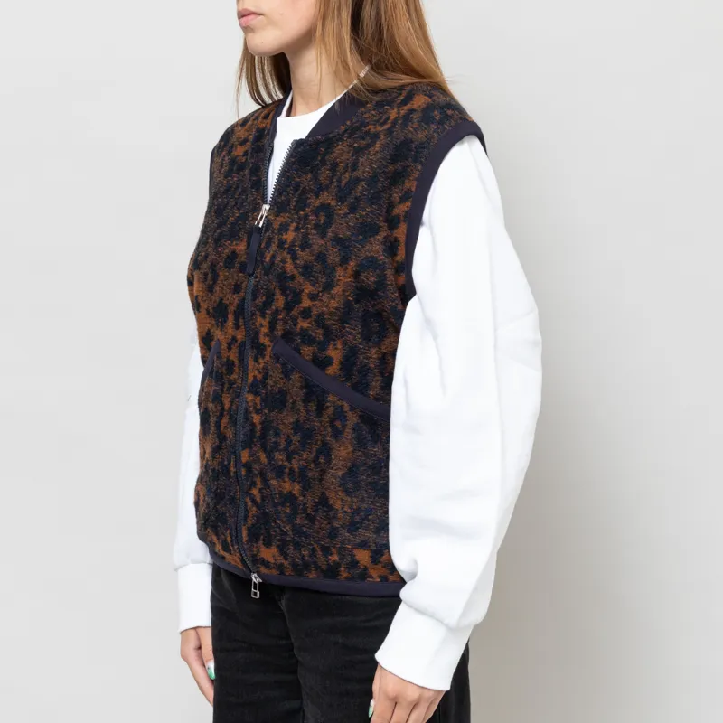 Universal Works Womens Zip Waistcoat Dark Navy Brown Night Leopard-2