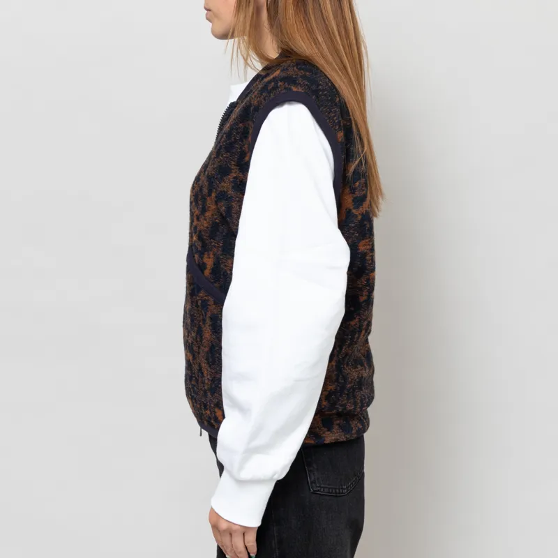 Universal Works Womens Zip Waistcoat Dark Navy Brown Night Leopard-3