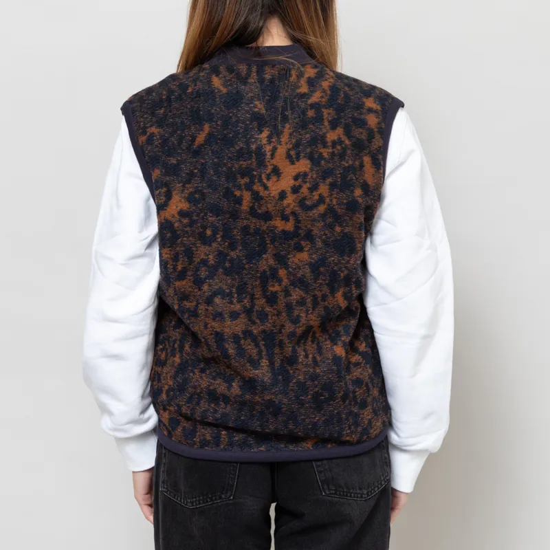 Universal Works Womens Zip Waistcoat Dark Navy Brown Night Leopard-4