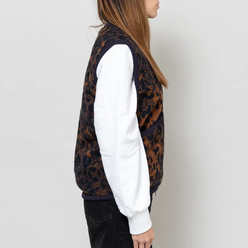 Universal Works Womens Zip Waistcoat Dark Navy Brown Night Leopard-5
