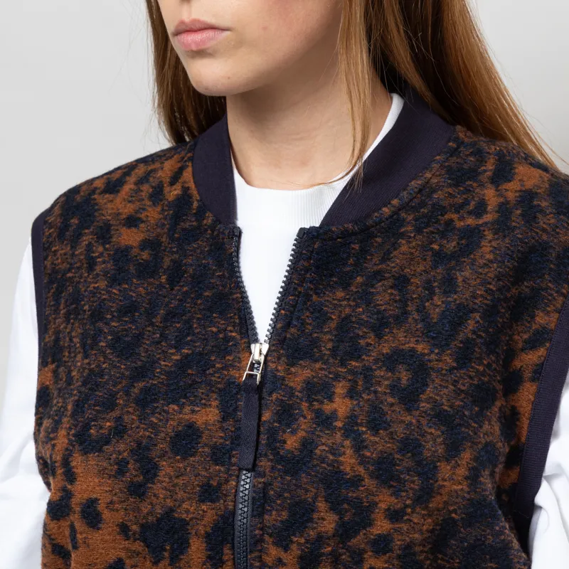 Universal Works Womens Zip Waistcoat Dark Navy Brown Night Leopard-6