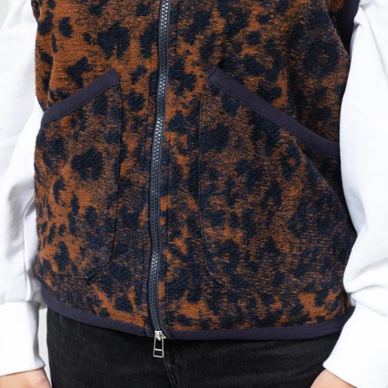 Universal Works Womens Zip Waistcoat Dark Navy Brown Night Leopard-7